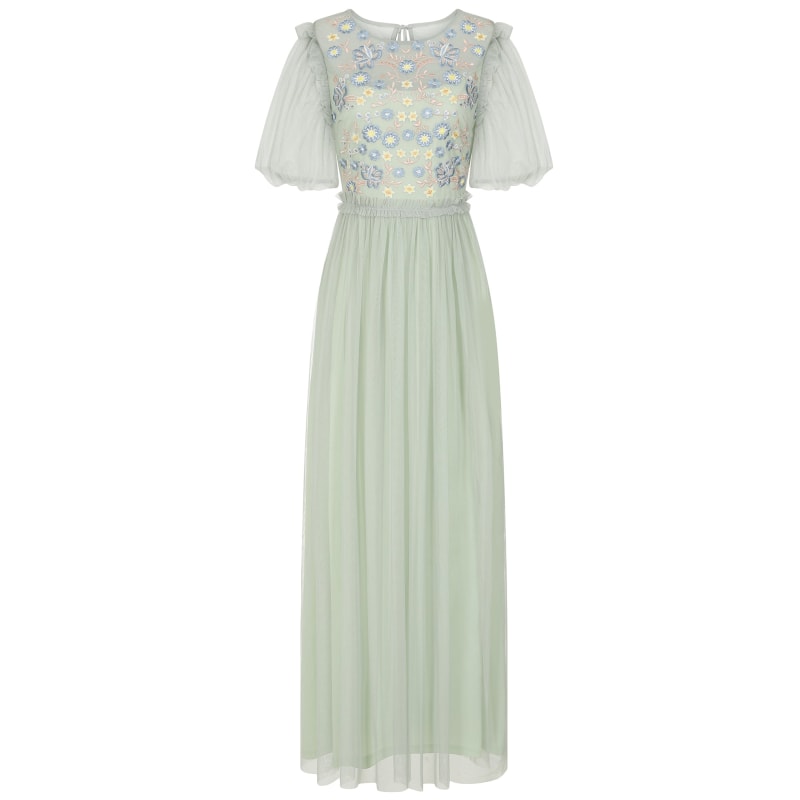 Thumbnail of Laraline Puff Sleeve Maxi Dress With Floral Embroidery - Green image