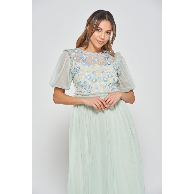 Thumbnail of Laraline Puff Sleeve Maxi Dress With Floral Embroidery - Green image