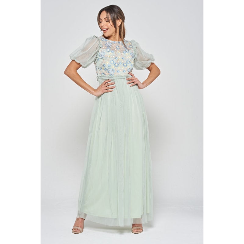 Thumbnail of Laraline Puff Sleeve Maxi Dress With Floral Embroidery - Green image