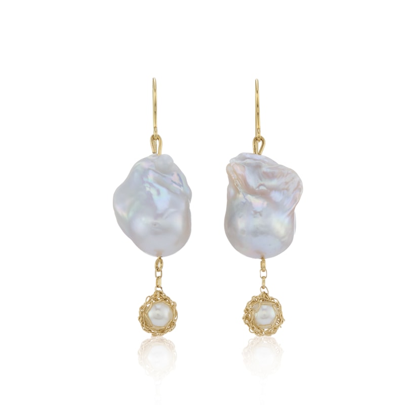 Thumbnail of Large Baroque Pearl Dangle Earrings With Signature Hand Crochet Yellow Gold Drop image