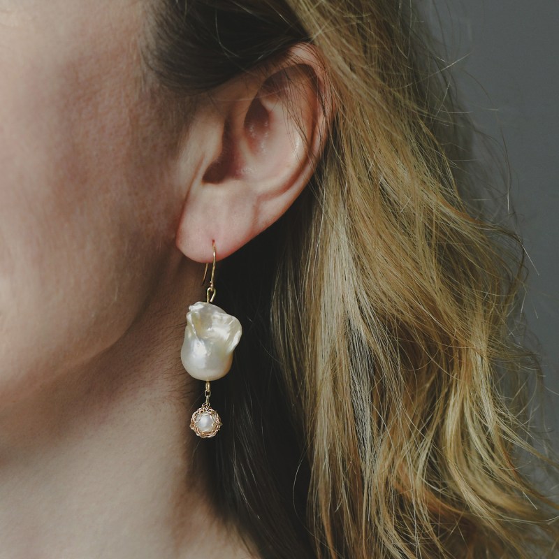 Thumbnail of Large Baroque Pearl Dangle Earrings With Signature Hand Crochet Yellow Gold Drop image