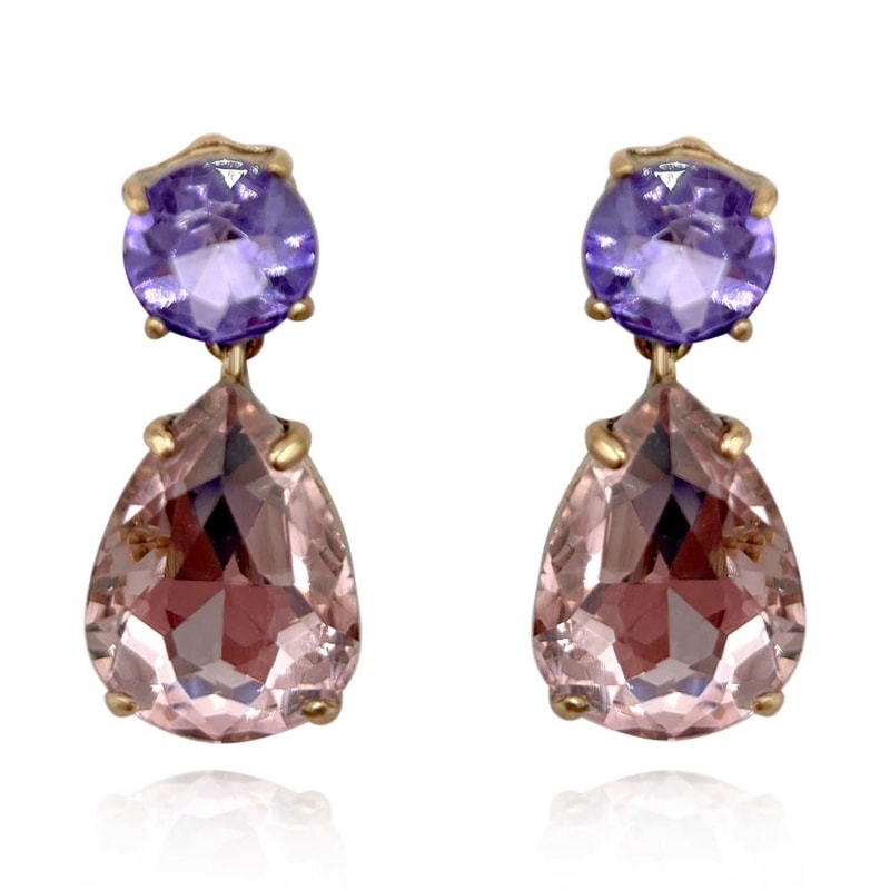 Thumbnail of Large Pear-Faceted Rose And Light Amethyst Clip On Crystal Drop Earrings In Brass With Gold Plating image