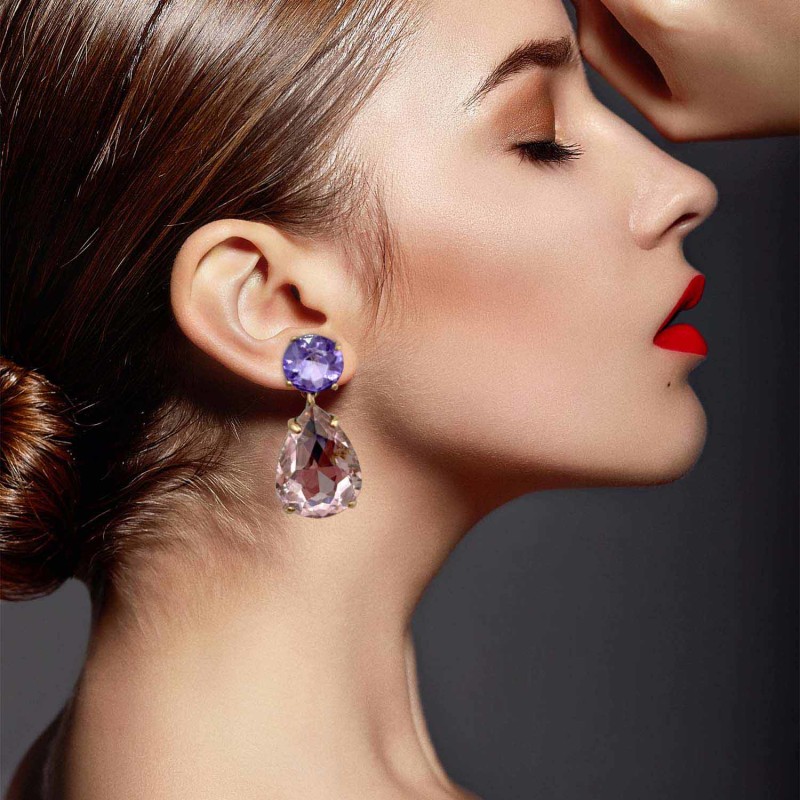 Thumbnail of Large Pear-Faceted Rose And Light Amethyst Clip On Crystal Drop Earrings In Brass With Gold Plating image