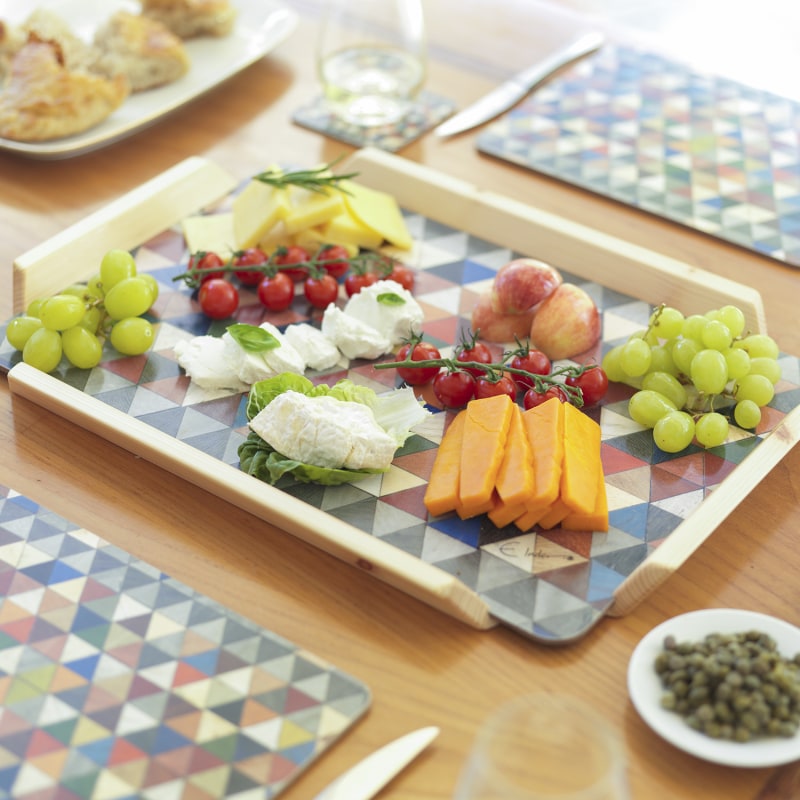 Thumbnail of Large Tray In Mosaic Design Harlequin Range. Solid Wood Handles. Melamine Heat Proof Surface. Made Individually In The Cotswolds England image