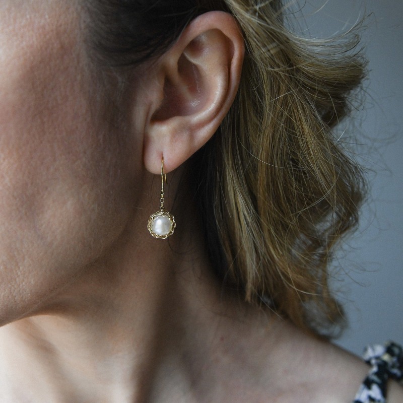 Thumbnail of Large Hand Crocheted Yellow Gold White Freshwater Cultured Pearl Dangle Earrings image