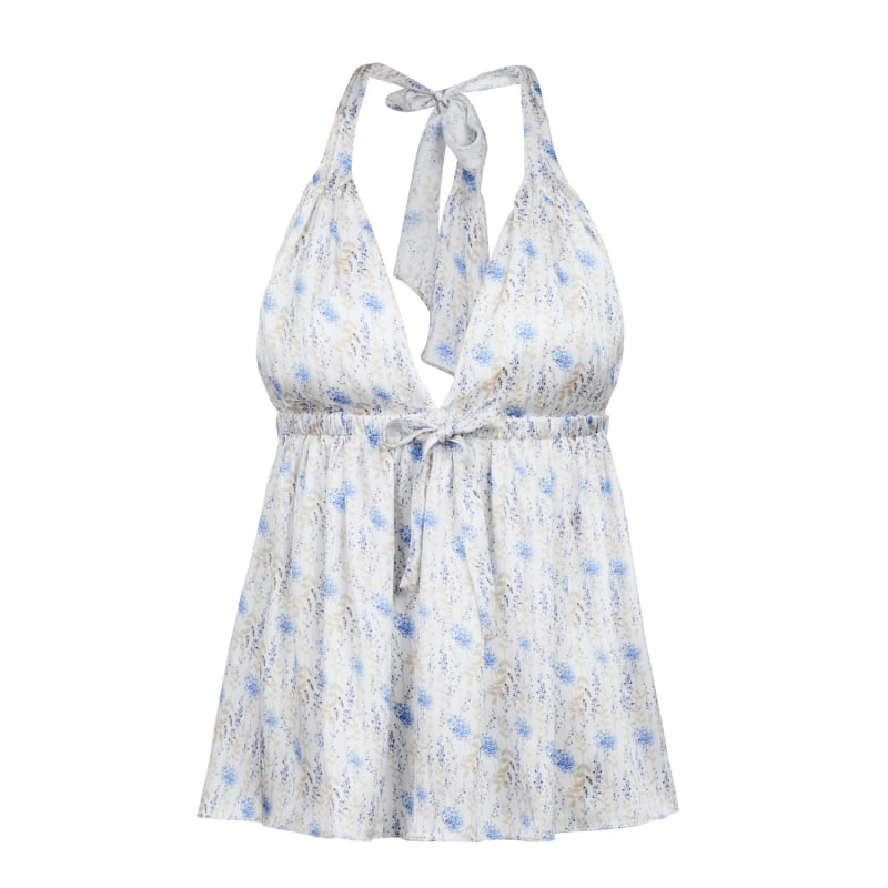 Thumbnail of Sophie - White Printed Babydoll Organic Peace Silk Top With Blue Flowers image