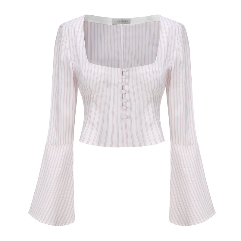 Thumbnail of Lea Square Neck Flared Sleeve Top In Pinstripe Cotton image