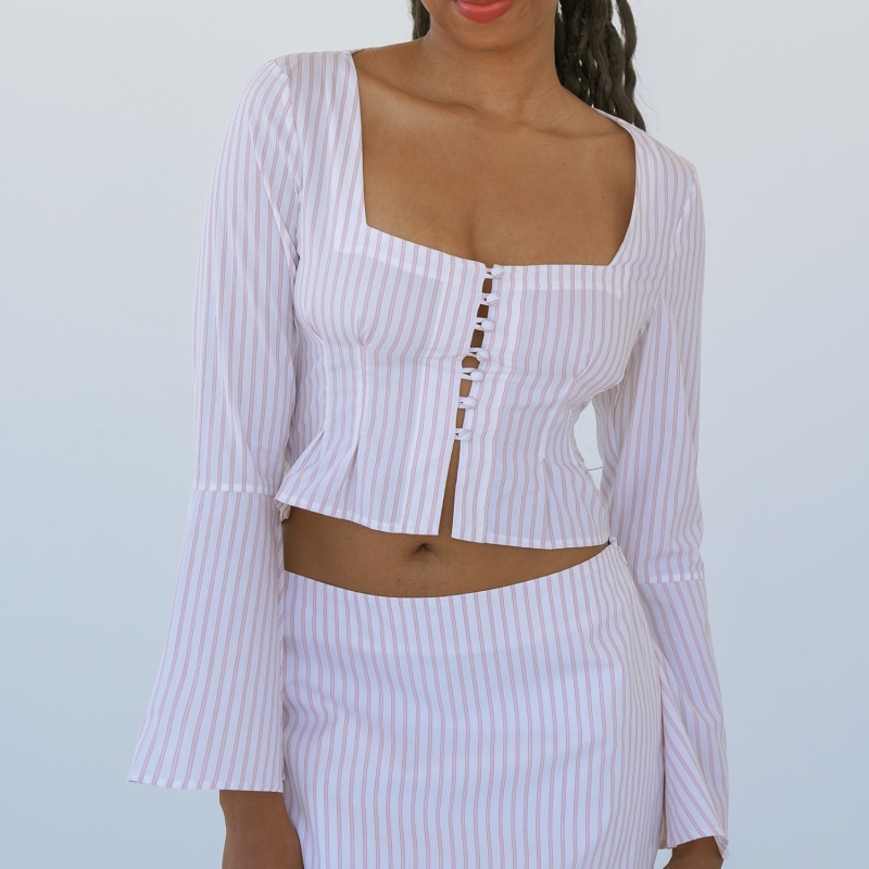 Thumbnail of Lea Square Neck Flared Sleeve Top In Pinstripe Cotton image