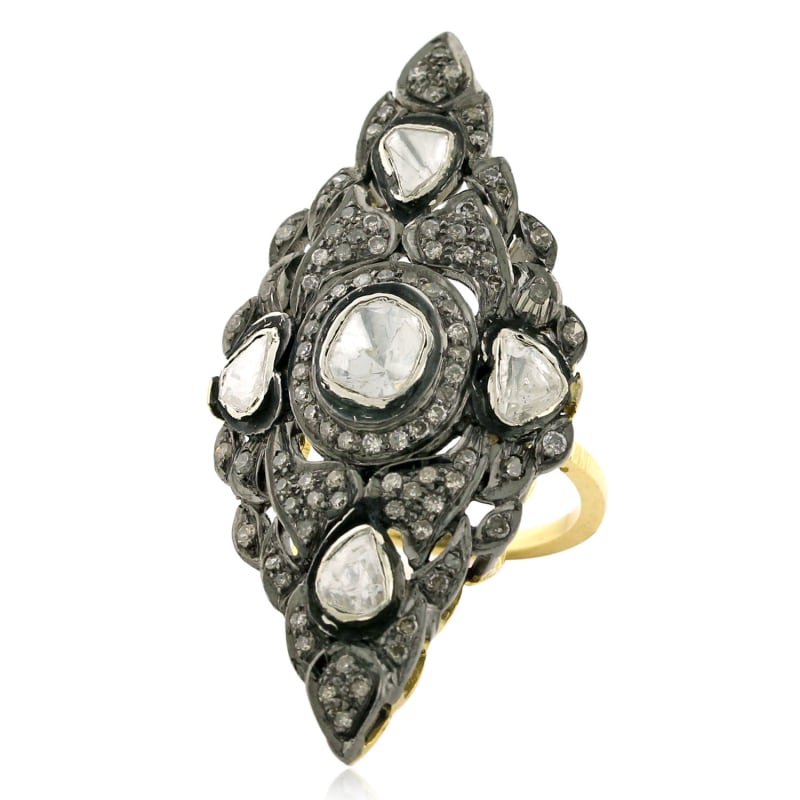 Thumbnail of Uncut Diamond Vintage Look Long Ring In 14K Gold 925 Sterling Silver Jewelry image