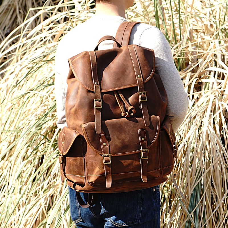 Thumbnail of Military Style Leather Backpack - Light Brown image