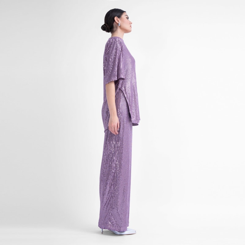 Lilac Sequin Matching Set With Blouse And Wide Leg Trousers BLUZAT