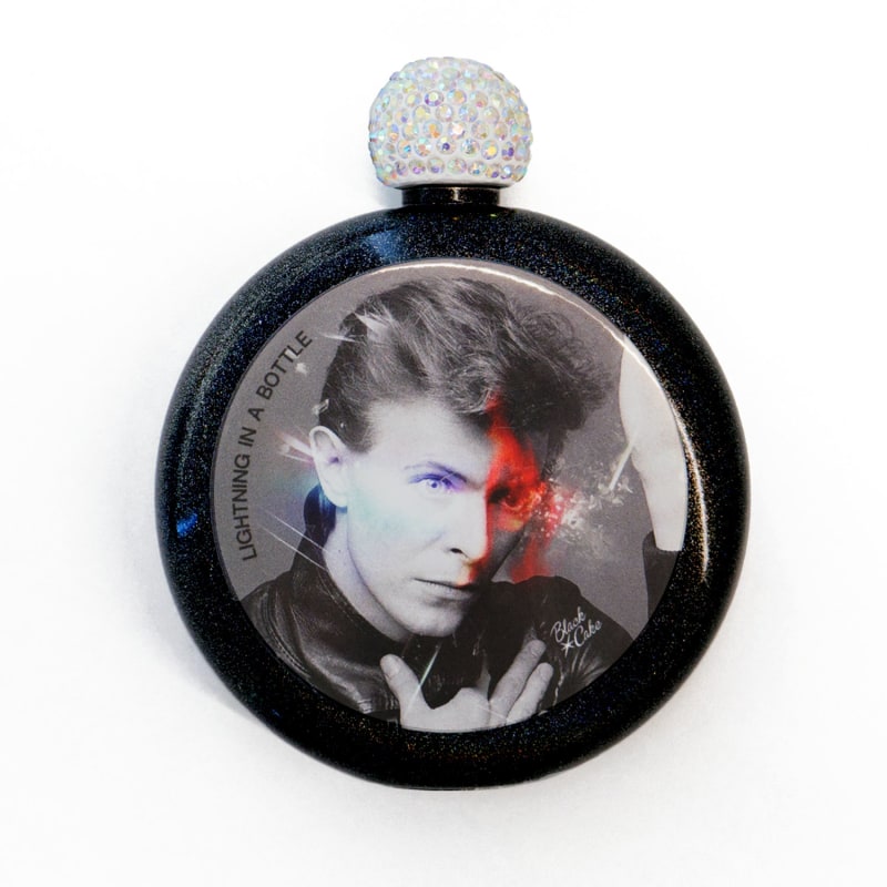 Thumbnail of Limited Edition Bowie Tribute Glitter Iridescent Spirit Flask And Bowie Space Oddity Scarf image