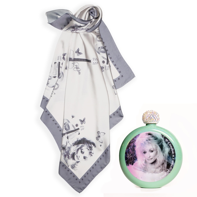 Thumbnail of Limited Edition Festival Dolly Parton Tribute Glitter Mint Spirit Flask And Dolly Love Butterflies Bandana Scarf image