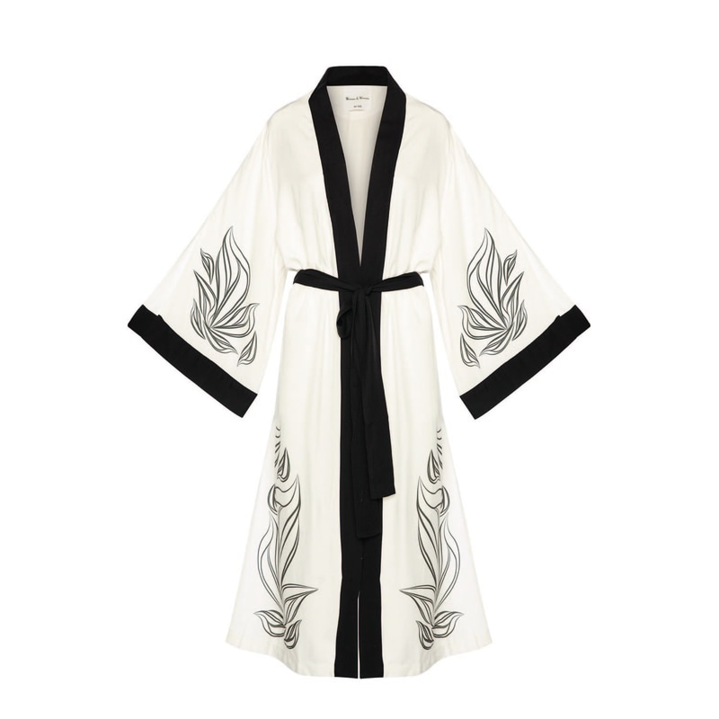 Thumbnail of Lina White, Black Design Pattern Printed, Draped Kimono image