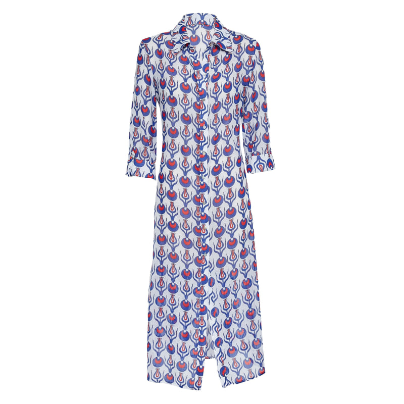 Thumbnail of Linda Long Shirt Dress With Tulip Design In White And Blue image