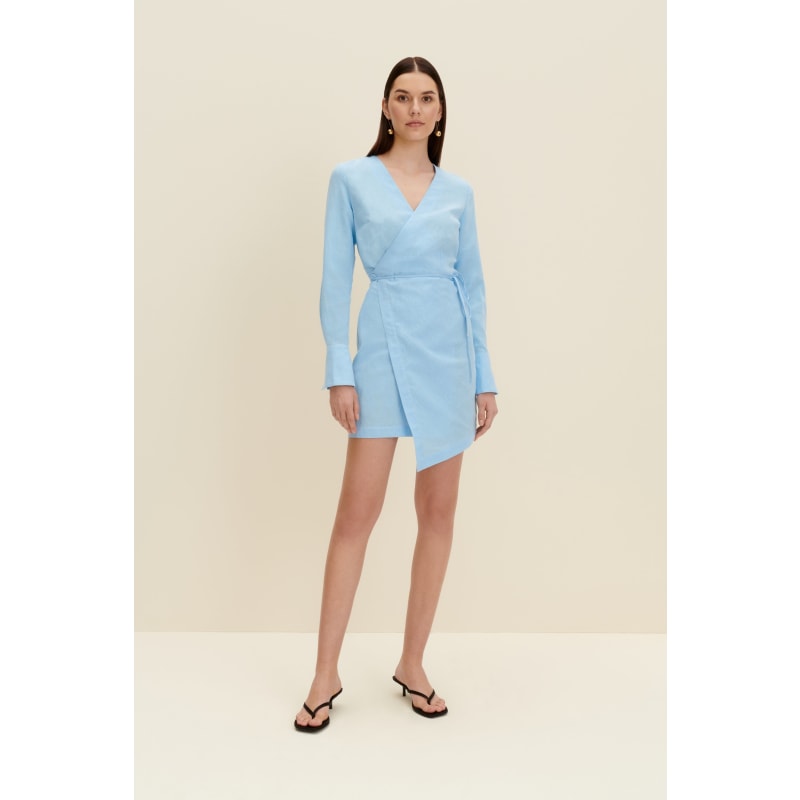 Thumbnail of Linen-Blend Wrap Dress In Light Blue image