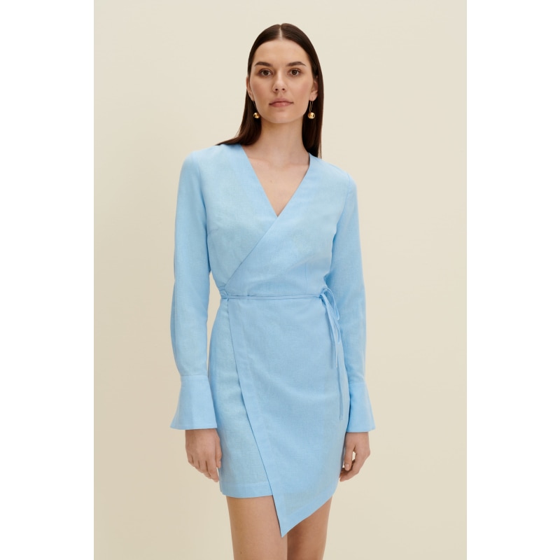 Thumbnail of Linen-Blend Wrap Dress In Light Blue image