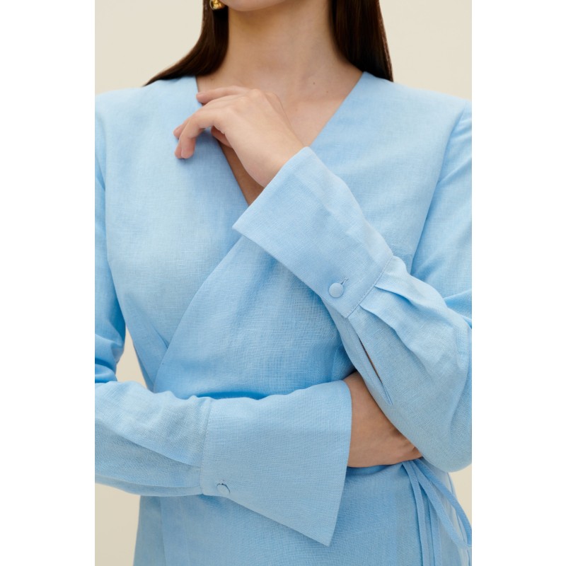 Thumbnail of Linen-Blend Wrap Dress In Light Blue image