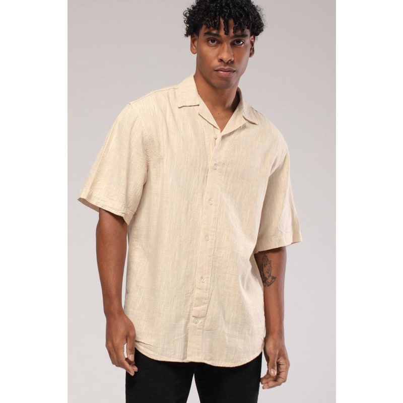 Linen Crinkle Texture Beige Button Up Short Sleeve Dress Shirt– BESPOKE MODA