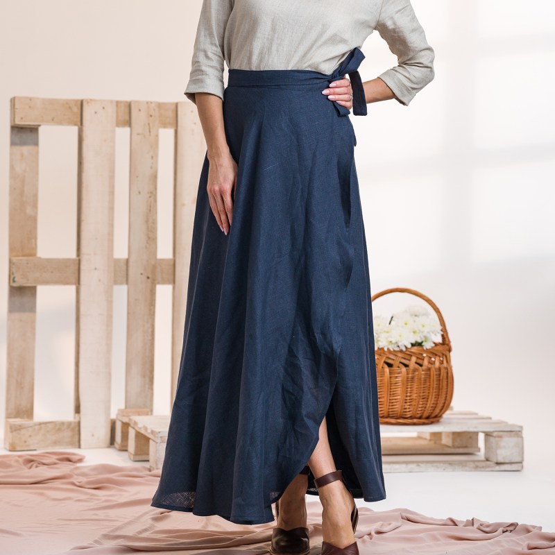 Women's Linen Wrap Skirt With High Waist u0026 Split In Dark Blue | Medium | Nikka Place