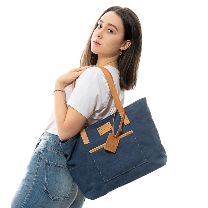 Thumbnail of Tote In Cotton Blue & Vegetable Tanned Leather image