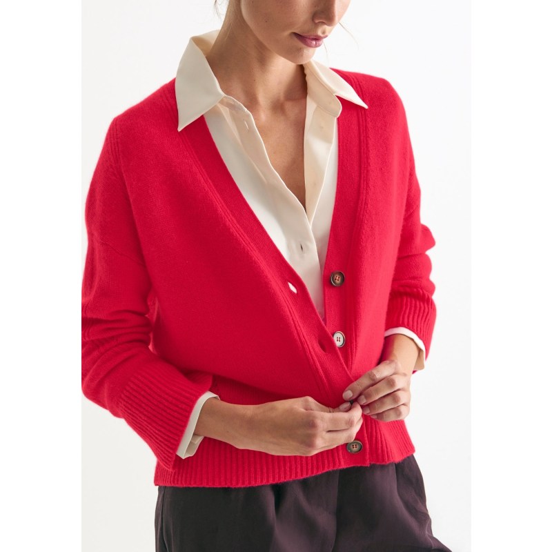 Lofty Cashmere Cardigan In Rouge Red Loop Cashmere Wolf Badger
