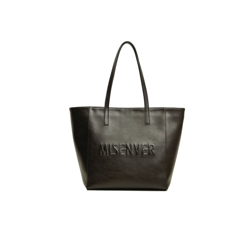 Black Leather-Look Embossed Logo Tote Bag