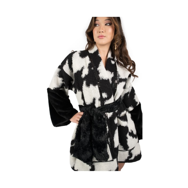 Thumbnail of Elliott - Black And White Long Line Jacket In Wool And Faux Fur image