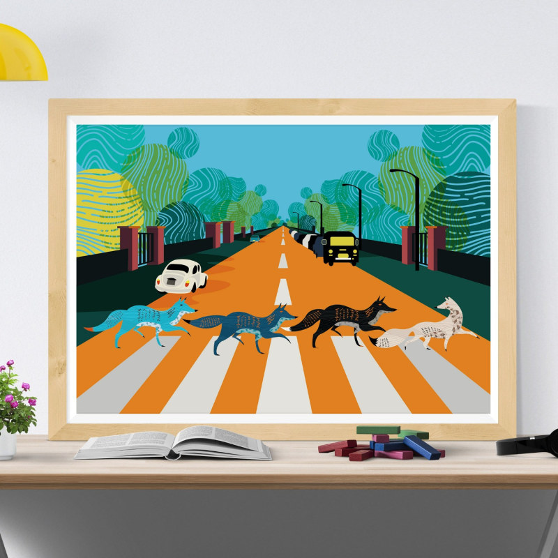 Thumbnail of Abbey Road Foxes Illustrated Art Print Of London image