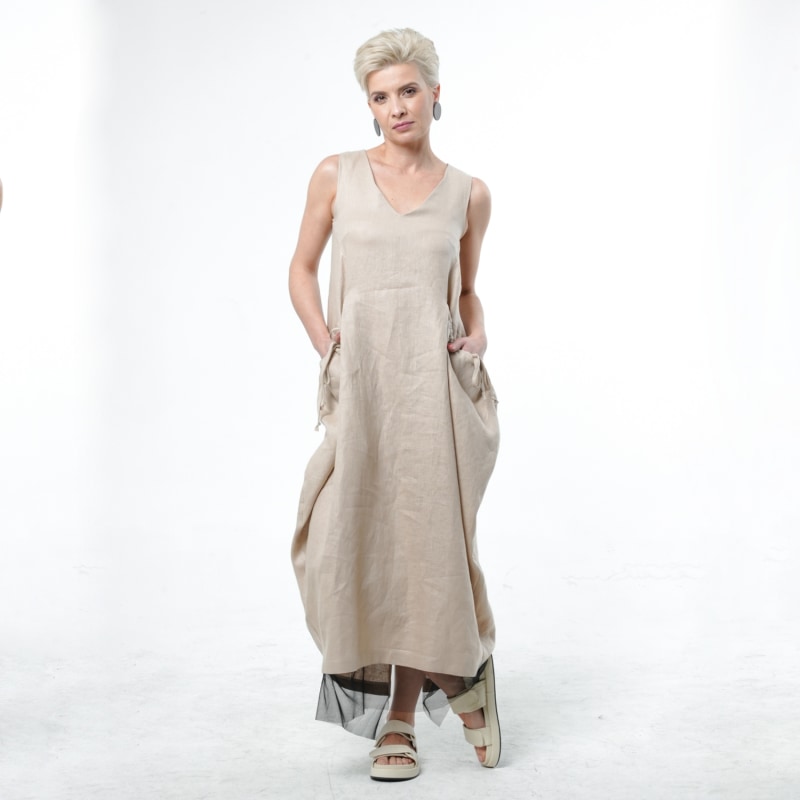 Thumbnail of Long Linen Dress With Oversized Pockets In Beige image