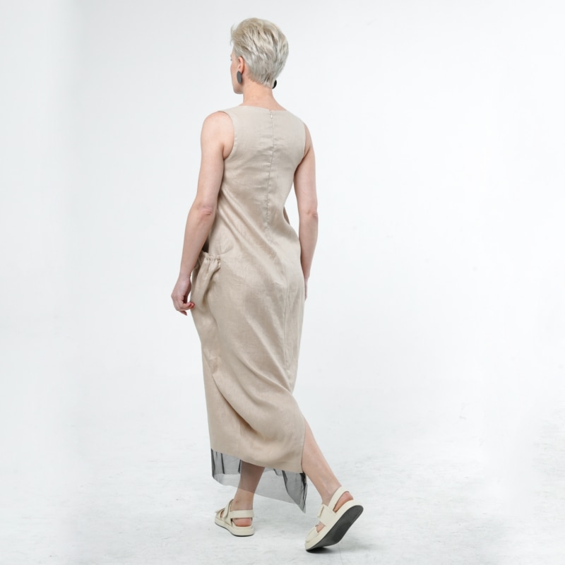 Thumbnail of Long Linen Dress With Oversized Pockets In Beige image