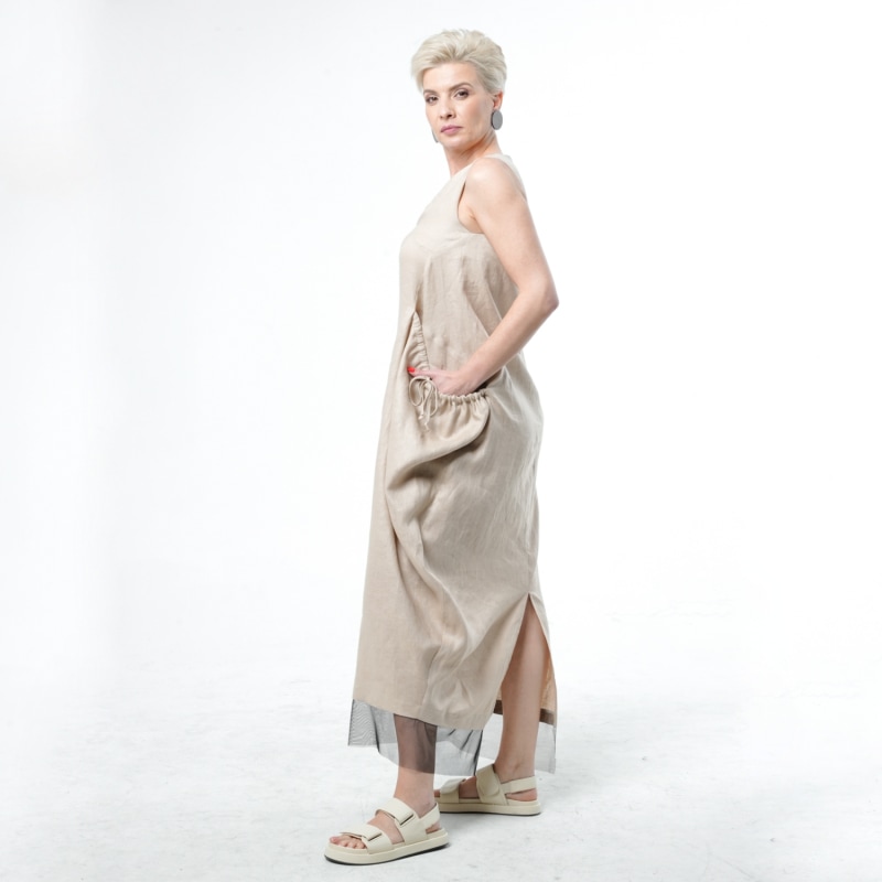 Thumbnail of Long Linen Dress With Oversized Pockets In Beige image