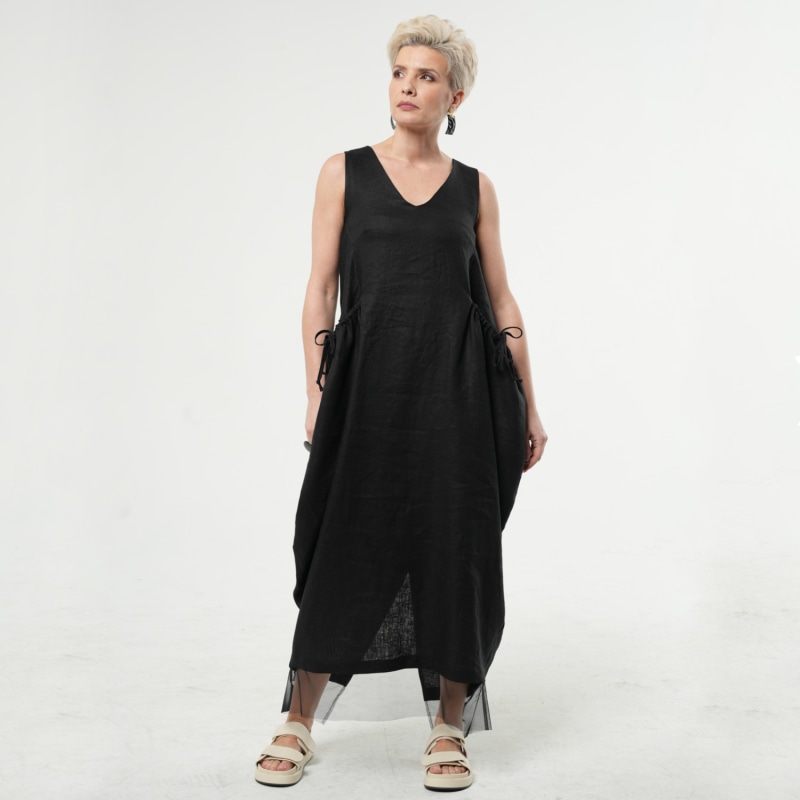 Thumbnail of Long Linen Dress With Oversized Pockets In Black image