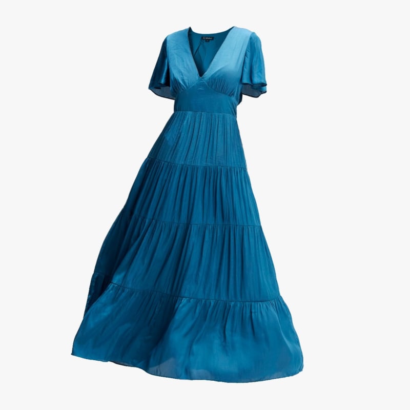 Thumbnail of Long Satin Dress With Tiered Ruflles And V Cleavage image