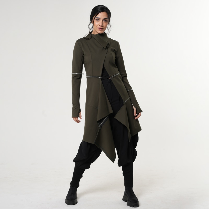 Long Sleeved Asymmetrical Jacket In Dark Green | Metamorphoza 