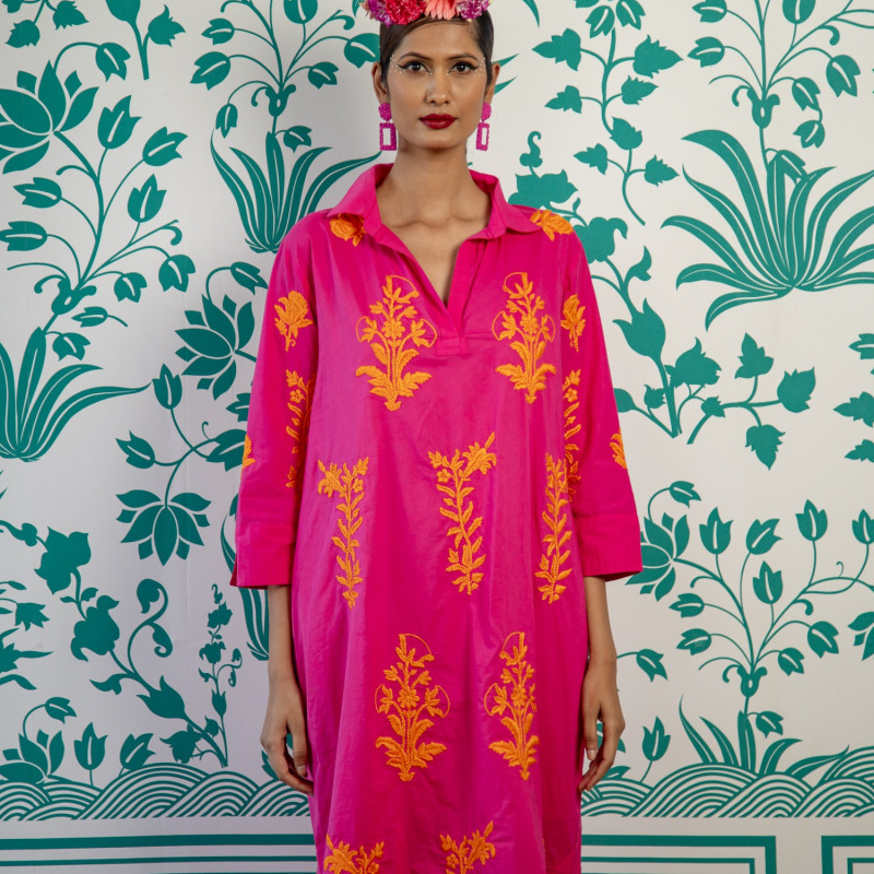 Thumbnail of Long Tourist Dress Peony Pink With Satsuma Embroidery Cotton Peony Pink image