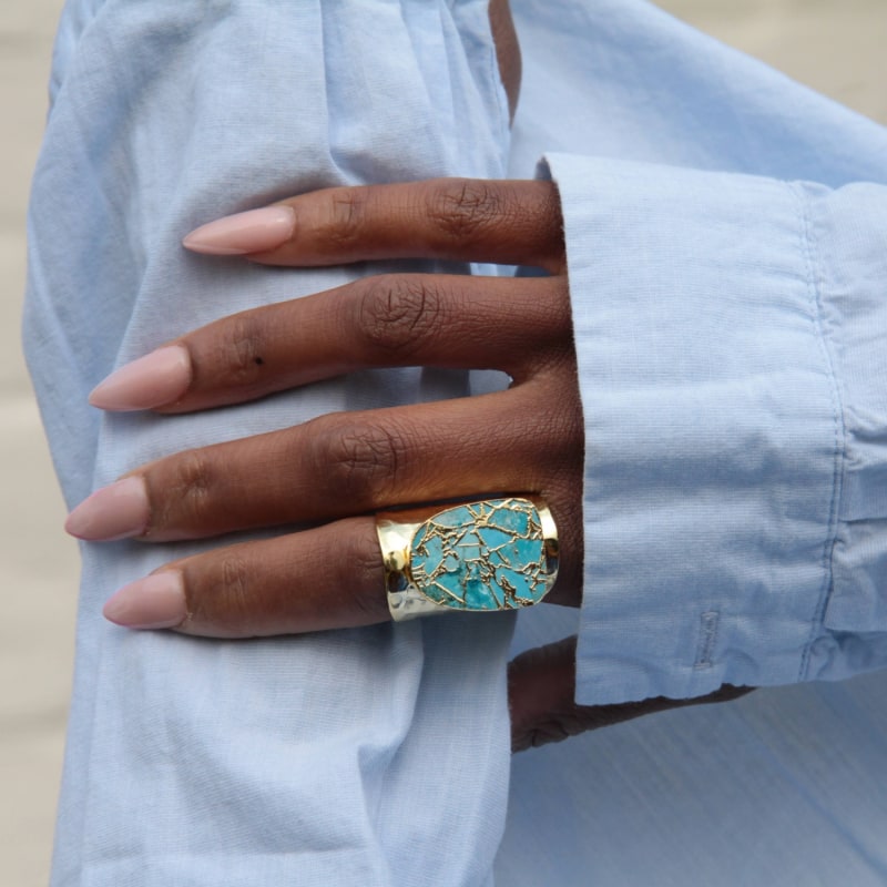 Thumbnail of Longline Molten Turquoise Stone Gold Cuff Statement Ring image