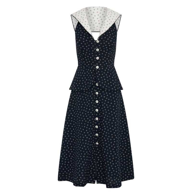 Thumbnail of Loretta Laughing Anchor Print Midi Dress With Peplum Frill image