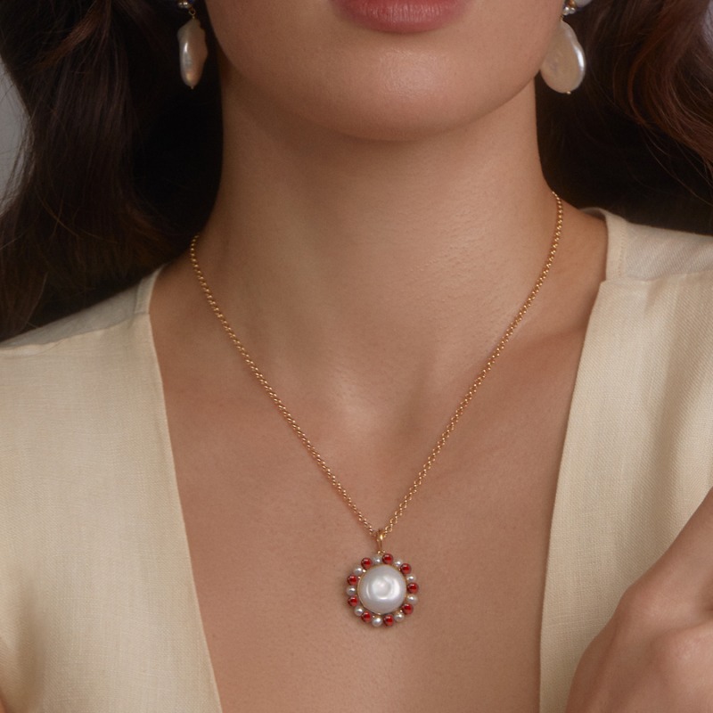 Thumbnail of Lotus Gold-Plated Baroque Pearl And Carnelian Necklace image