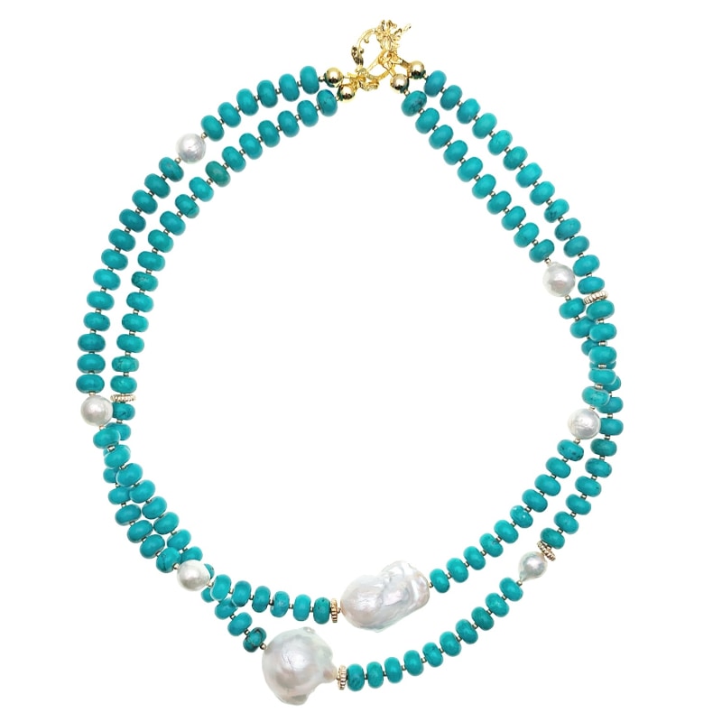 Thumbnail of Turquoise With Baroque Pearl Double Layers Statement Necklace image