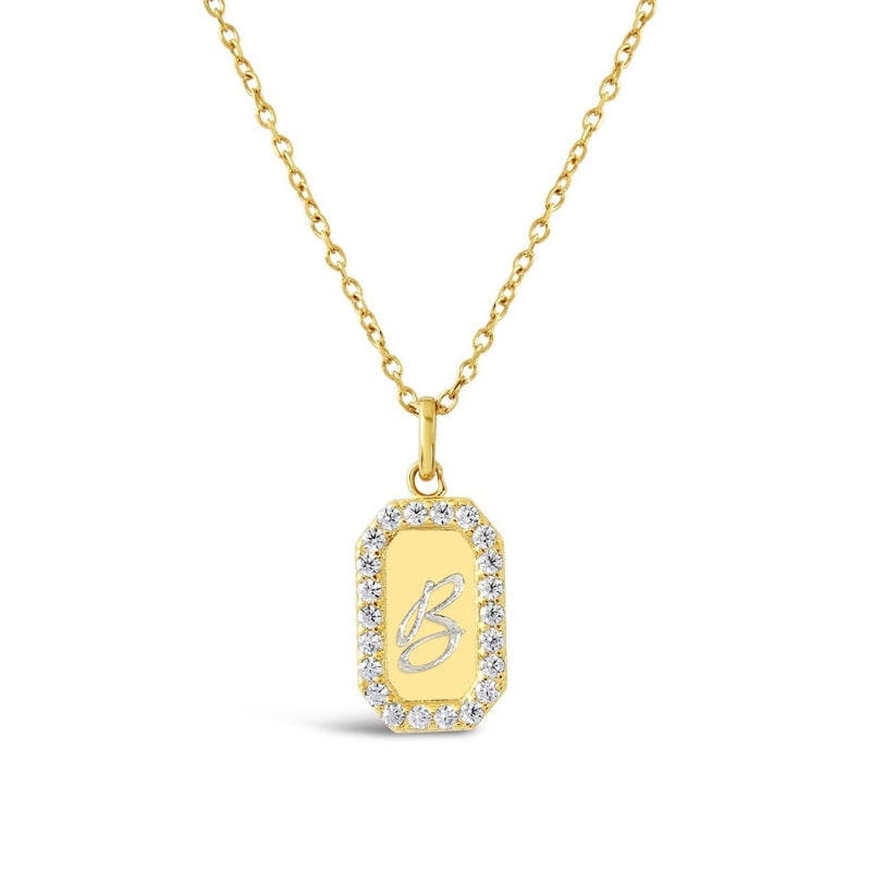 Thumbnail of Mini Tag 18k Gold Vermeil Crystal Necklace - Script Initial Engraving image