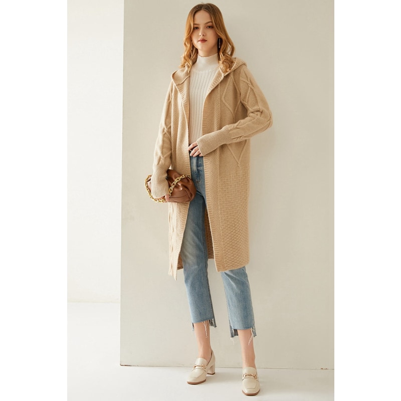 Thumbnail of Long Hooded Cashmere Knit Cardigan - Cream image