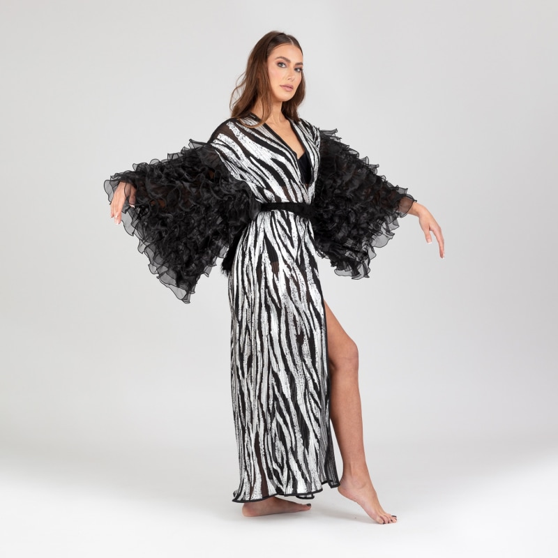 Thumbnail of Rafferty - Black And Silver Lurex Robe With Black Frilly Chiffon Sleeves image