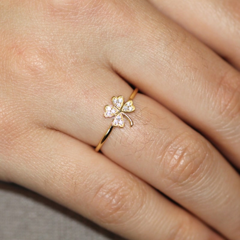 Lucky Clover Diamond Yellow Gold Ring VicStoneNYC Fine Jewelry Wolf Badger