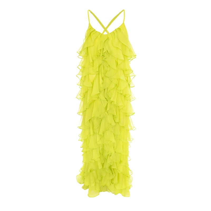 Lucky Lime Silk Maxi Dress With Ruffles And Open Back by Monarh