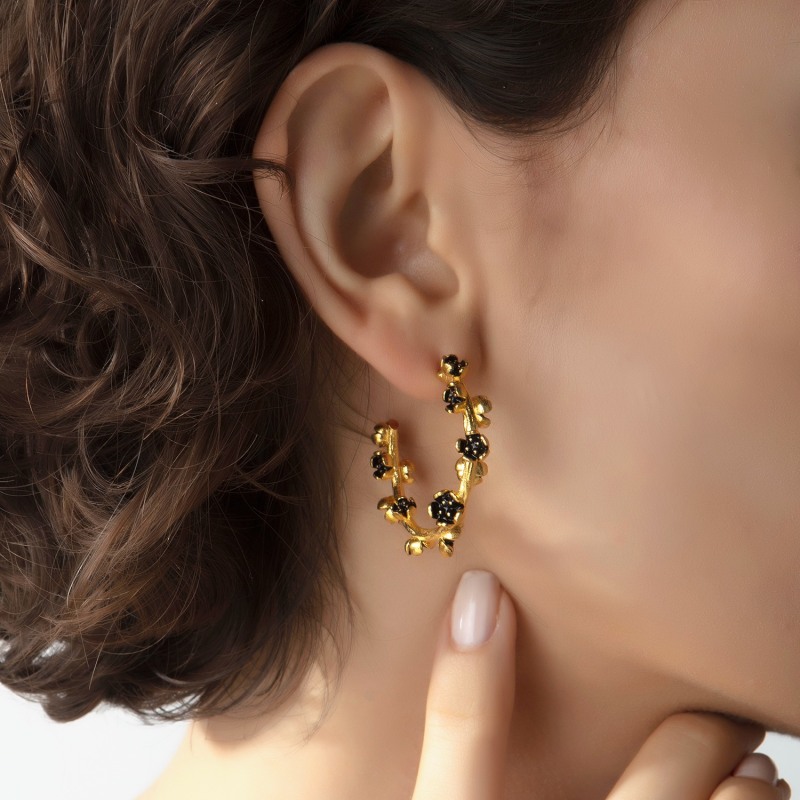 Thumbnail of Large Black Flower Hoop Earrings image