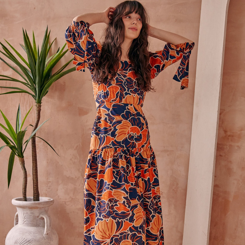 Thumbnail of Luna Backless Cotton Midi Dress In Orange And Navy image