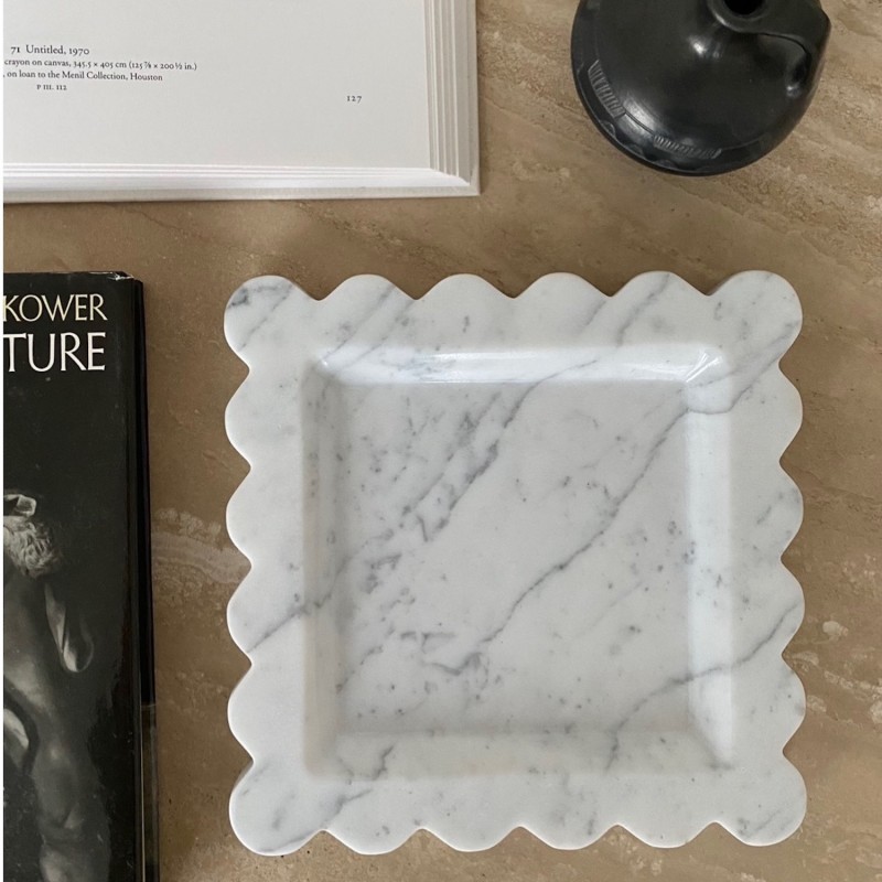 Thumbnail of Luna Grey & White Marble Square Scallop Wavy Tray image