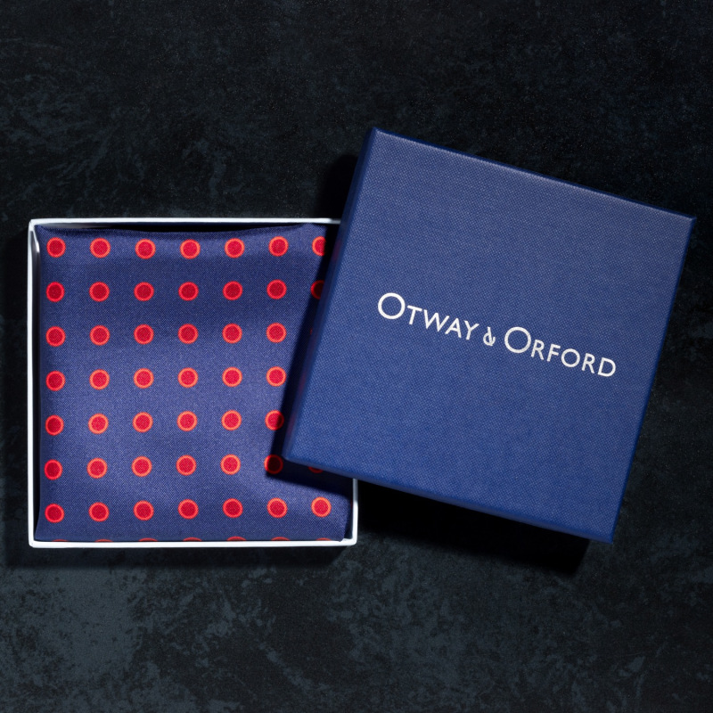 Thumbnail of 'Luna' Polka Dot Silk Pocket Square In Blue & Red. Full-Size. image