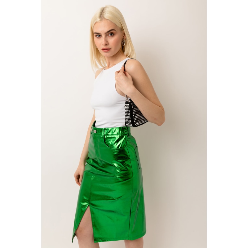 Green metallic midi skirt top